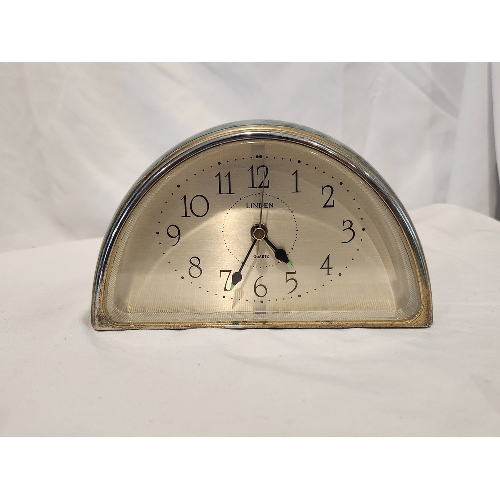 Linden Quartz Analog Half Round Desk Clock Green Stone Look Gold Trim